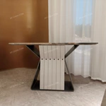 Warm Grey Stone Console Table with Gray Wood Sides and Cream Vertical Accents